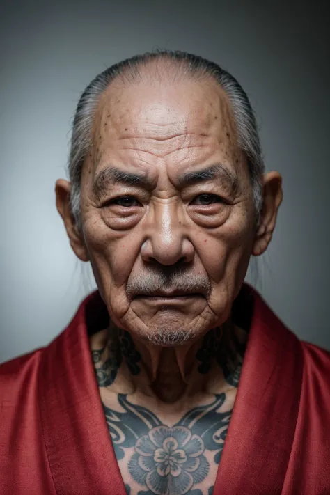 (8k, RAW photo, highest quality), an old wisely grandpa, former yakuza, wearing a kimono, dangerous looking, tattoos, skin pores...