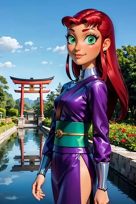 starfire, green eyes, long red hair, orange skin, traditional kimono, sash, long sleeves, looking at viewer, smiling, serious, standing, outside, pond, red torii, garden, blue sky, high quality, masterpiece <lora:Starfire_v3:.9>