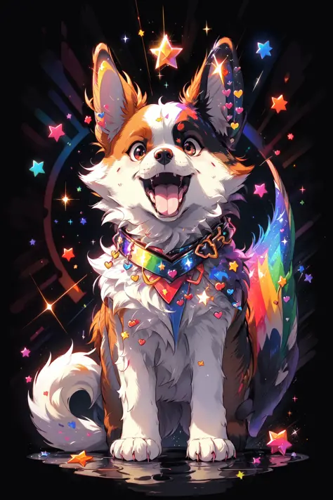 Niji Pride, solo, smile, open mouth, tail, heart, tongue, tongue out, star (symbol), collar, no humans, sparkle, fangs, looking ...