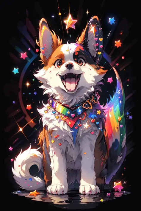 Niji Pride, solo, smile, open mouth, tail, heart, tongue, tongue out, star (symbol), collar, no humans, sparkle, fangs, looking up, dog, animal focus, sparkling eyes, fluffy<lora:nijipride:1>