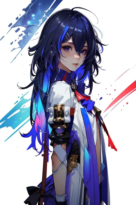 a woman with long blue hair and a white shirt holding a sword