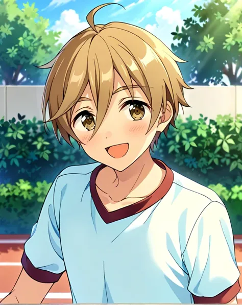 anime boy with blonde hair and blue shirt holding a tennis racket