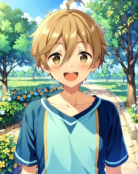 anime boy with blonde hair and blue shirt standing in front of a park