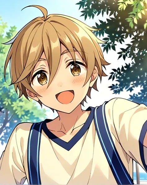 anime boy with blonde hair and blue suspenders pointing at something