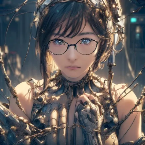 (((masterpiece))), (((best quality))), ((ultra-detailed)), (highly detailed CG illustration), ((an extremely delicate and beautiful)),cinematic light,((1mechanical girl)),solo,(sitting),expressionless,(wires and cables attaching to neck:1.2),(wires and cables on head:1.2)(character focus),science fiction,extreme detailed,colorful,highest detailed,glasses,long hair,black mechanical suits