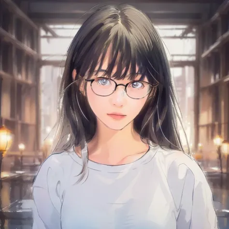 masterpiece, ultra-high quality,( ultra detailed original illustration),( 1girl, upper body),((long hair)), silver round glasses,cute girl,highlight,electric,sparkles,shine rip,big eyes,<lora:Colorwater_v4:0.6>, straight hair,preasure face ,hospital,Face Down Eyes,black theme,black eyes,small breasts,twilight