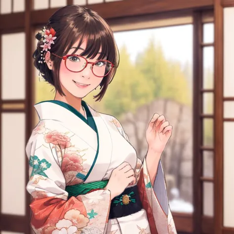 (masterpiece:1.2, best quality), (ultra-detailed), (illustration), (ultra highres), (delicate illustration), (hyper detailed),(dynamic angle),1girl, xiangling (genshin impact), hair ornament, japanese clothes, kimono, looking at viewer, smile, open mouth, short hair, food, hairclip, solo, bangs, red kimono, obi, indoors, blurry, sash, blush, snow, braid, blurry background, hair rings, long sleeves, holding, :d, bell, alternate costume, wide sleeves,glasses