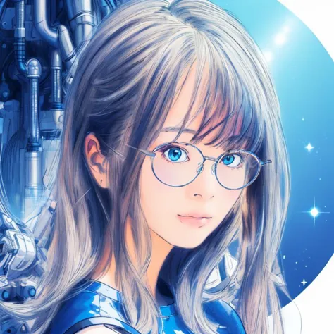 masterpiece, ultra-high quality,( ultra detailed original illustration),( 1girl, upper body), double exposure,silver round glasses,strait hair,cute girl,android,wavy hair,look away,highlight, t shirt,pirates,bluetheme,mechanical,electric,sparkle,shine rip,big eyes,noisy,engine,(from side)