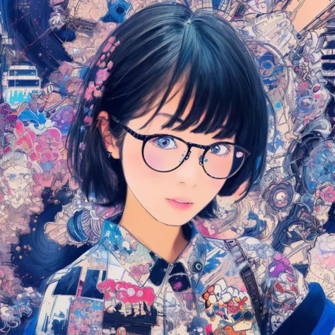 masterpiece, ultra-high quality,( ultra detailed original illustration),( 1girl, upper body),(( harajuku fashion)), double exposure, glitch,( original illustration composition),( fusion of limited color, maximalism artstyle,  junk art),black theme,glasses