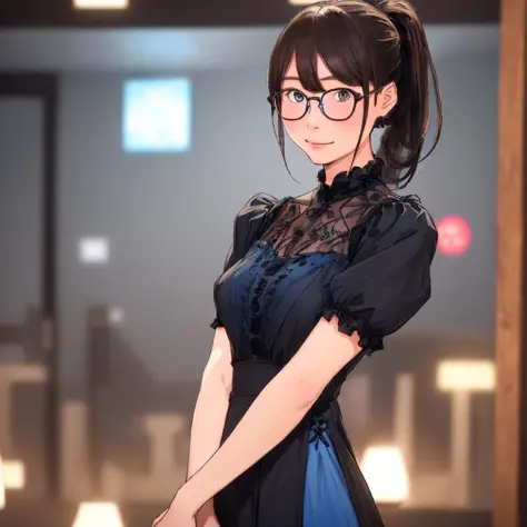 1girl,sks kuma1394,masterpiece,best quality,Shallow depth of field,cinematic lighting, light on face,round blue glasses,black dress,brown eyes,ponytail hair,big eyes