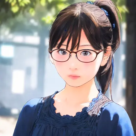 1girl,sks kuma1394,masterpiece,best quality,Shallow depth of field,cinematic lighting, light on face,round blue glasses,black dress,brown eyes,ponytail hair,big eyes