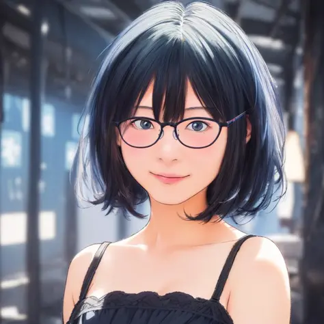 1girl,sks kuma1394,masterpiece,best quality,Shallow depth of field,eccentric hair style,cinematic lighting, light on face,blue glasses,smile,thin hair,black dress