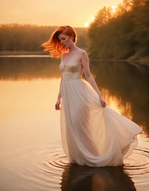 As Housewife Ginger effortlessly donned her ethereal white gown and emerged as a confident woman, she began her graceful pose at the edge of the tranquil lake, where its surface shimmered with golden sunset reflections, perfectly capturing the essence of this surreal scene. <lora:iyoiji18f844ab08btbc4:1>