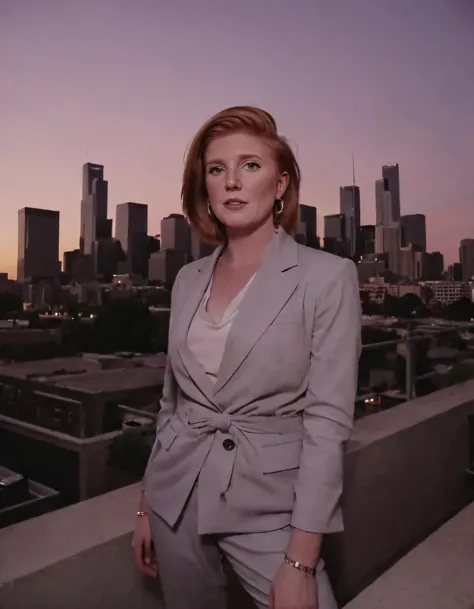 a woman in a suit standing on a ledge in front of a city skyline