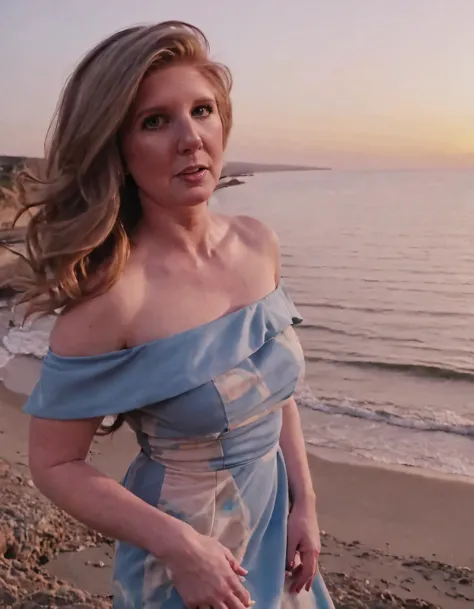 arafed woman in a blue dress standing on a beach