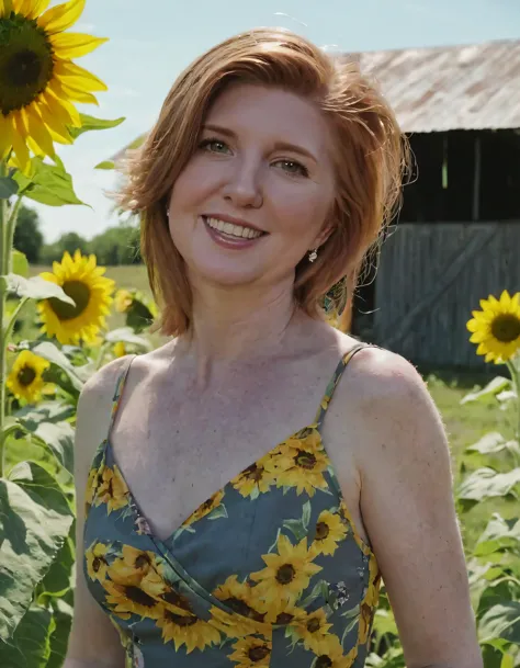 arafed woman in a sunflower field with a barn in the background