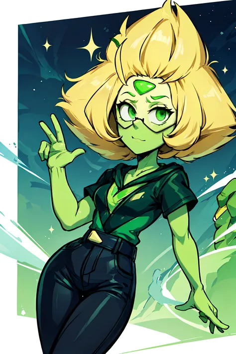 <lora:Peridot(SU):1> Peridot(SU), colored skin, green skin, forehead jewel, blonde hair, green eyes, glasses