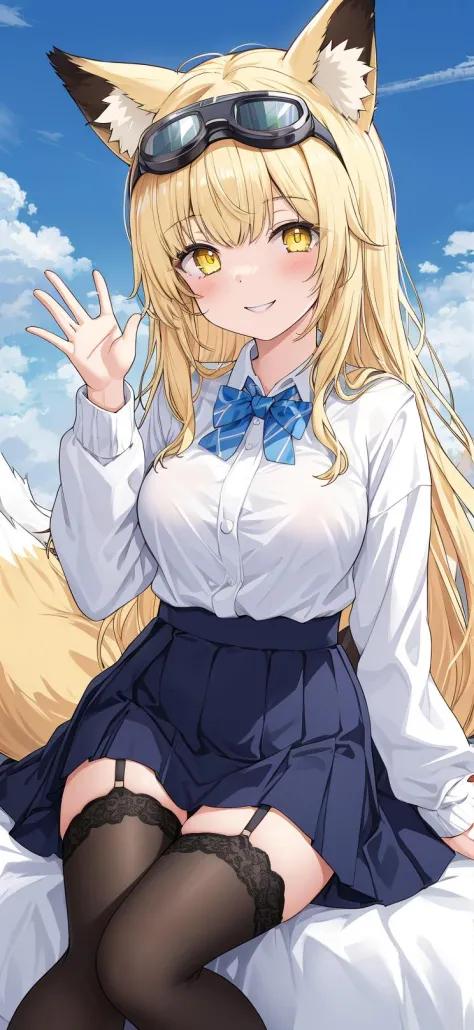 goggles, 1girl, goggles_on_head, thighhighs, cloud, animal_ears, garter_straps, tail, sky, long_hair, solo, waving, day, blonde_hair, blue_sky, cloudy_sky, looking_at_viewer, skirt, fox_ears, yellow_eyes, long_sleeves, smile, breasts,sit