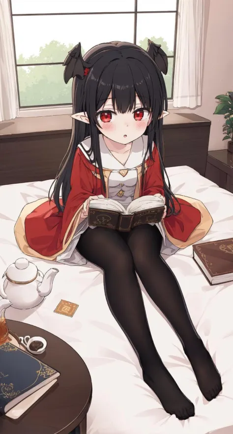 masterpiece, best quality, 1girl,black hair,red eyes,student, black pantyhose,pointy ears,domo wing,no shoes,bed,book,window,tea,robe