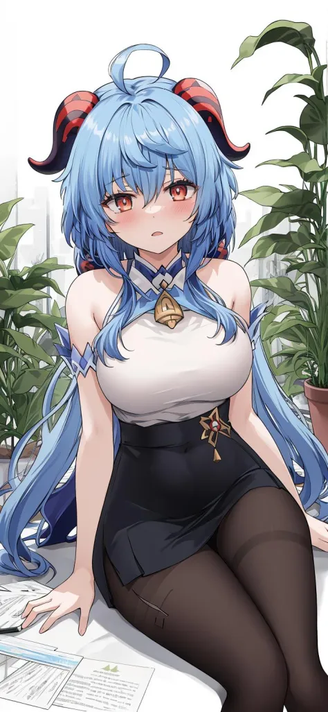 ganyu_\(genshin_impact\), horns, ahoge, breasts, skirt, blue_hair, 1girl, long_hair, sitting, bare_shoulders, potted_plant, paper, id_card, pencil_skirt, very_long_hair, plant, looking_at_viewer, pantyhose