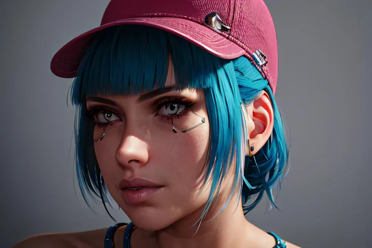 a close up of a woman with blue hair wearing a pink hat