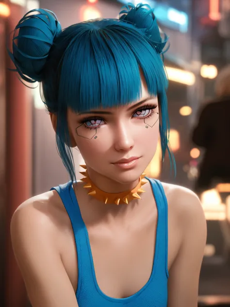 a woman with blue hair and a blue top is looking at the camera