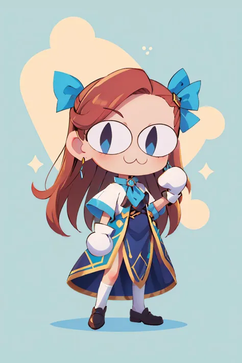 a cartoon girl with a blue dress and a bow holding a white ball