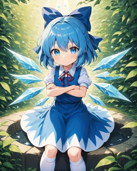 a girl with blue hair and blue dress sitting on a rock