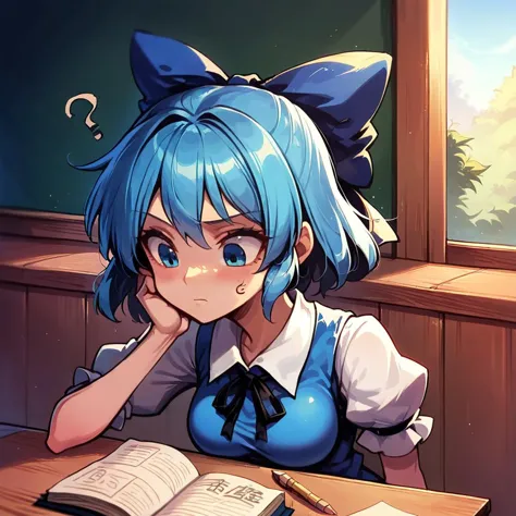 Expressive, score_9, score_8_up, score_9_up, masterpiece, absurdres, best resolution, high quality, highly detailed, indoors, detailed background, very close, solo, perfect face, face focus, 1girl, cirno from touhou project, classroom, confused, studying, blue hair, blue ribbon, blue dress, pencil, writing,