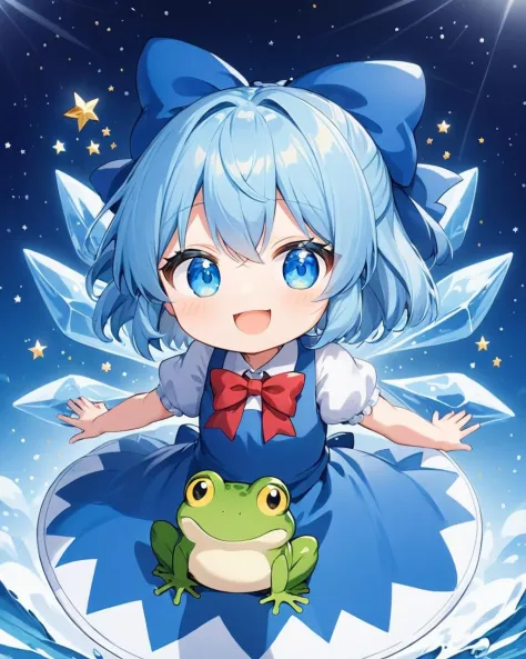 cirno,1girl, ice_wings, blue_dress, frog, open_mouth, solo, blue_bow, hair_bow, smile, sparkle, frozen, animal, chibi, puffy_short_sleeves, looking_at_viewer, holding, bowtie, red_bow, shirt
<lora:cirno_image8906_2023-12-11-000005:1>,star-shaped_pupils,symbol-shaped_pupils,. gorgeous,key visual, vibrant, studio anime,award-winning, professional, highly detailed,high budget, cinemascope