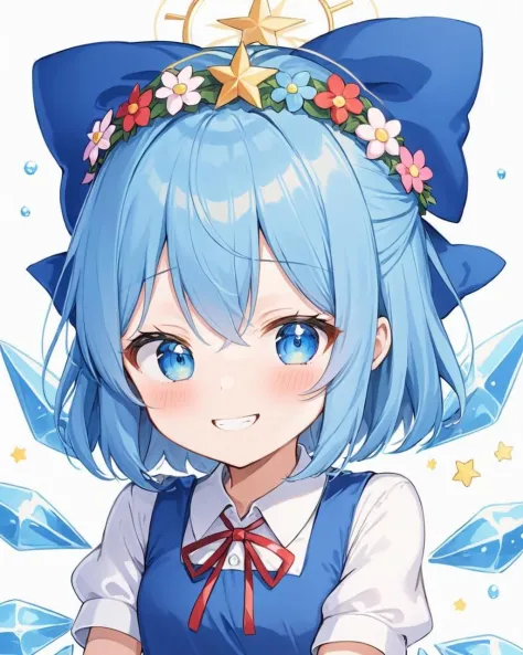 a close up of a person with blue hair and a flower crown