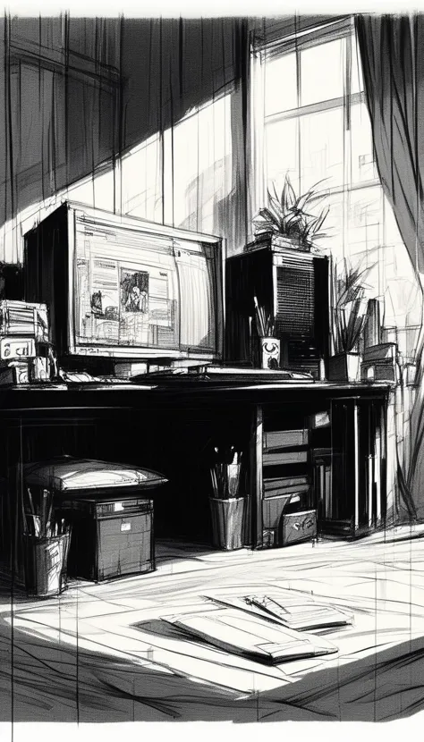 there is a drawing of a desk with a television and a computer