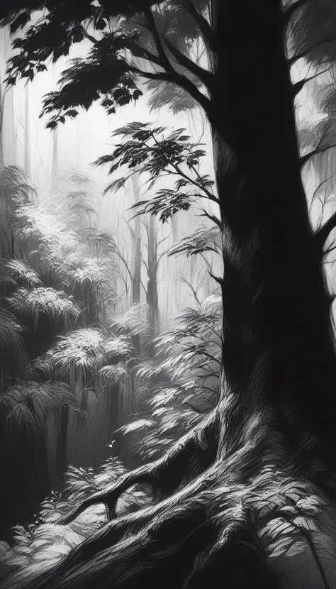 a black and white drawing of a forest with a tree