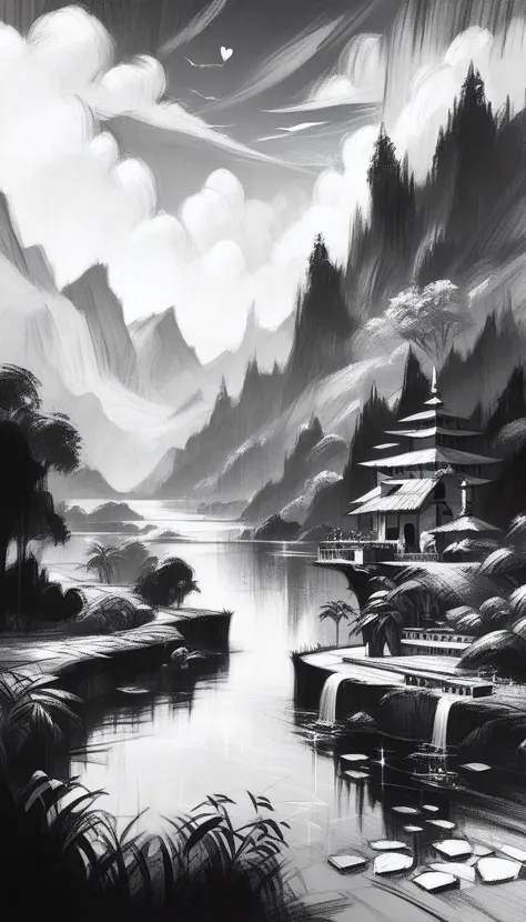 painting of a black and white landscape of a lake and mountains