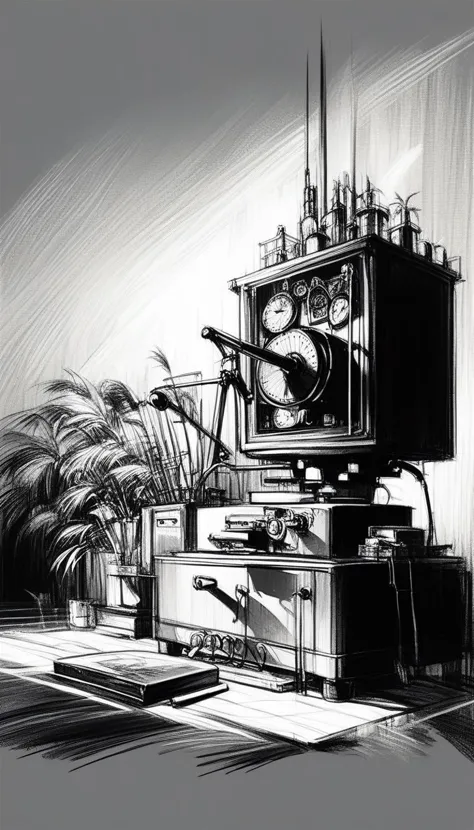 there is a drawing of a television set with a plant in the background