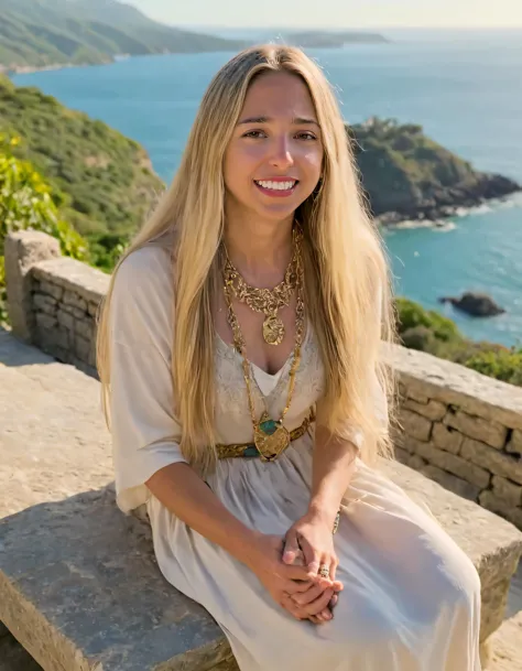 a woman sitting on a stone bench with a view of the ocean