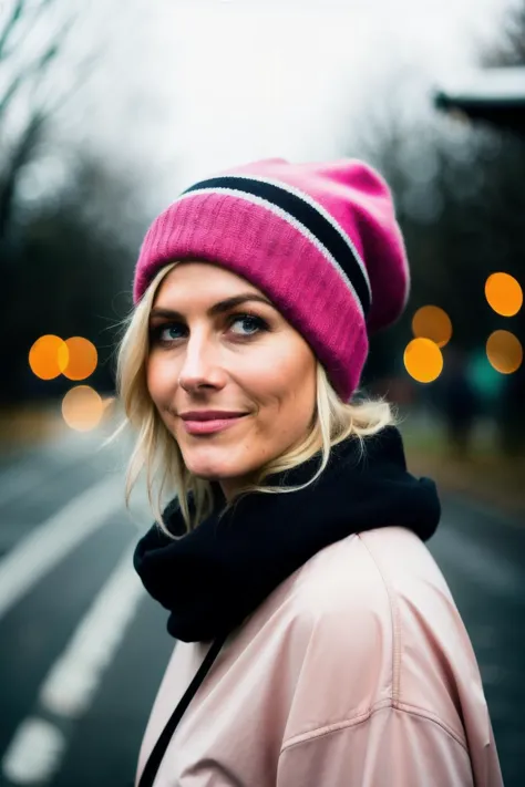 blond woman in a pink hat and scarf standing on a street