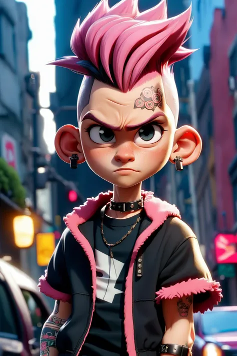 a cartoon character with pink hair and piercings stands in the middle of a city