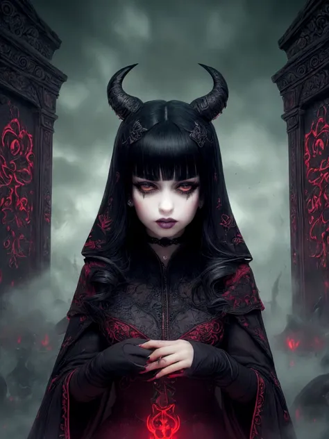 a woman in a black dress with horns and a red light