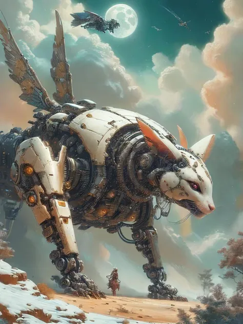 a painting of a giant robot with a man on a horse