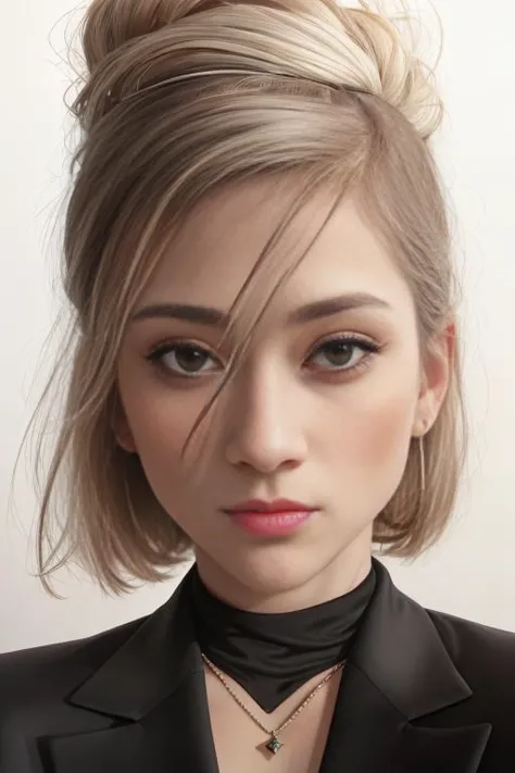 a close up of a woman with a black jacket and a necklace