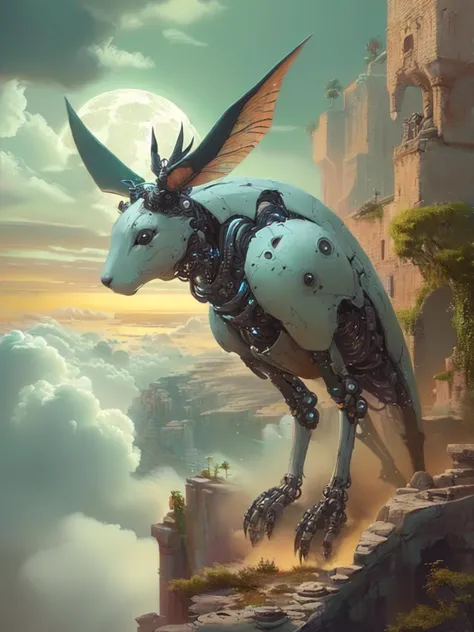 a close up of a robot animal on a cliff near a castle