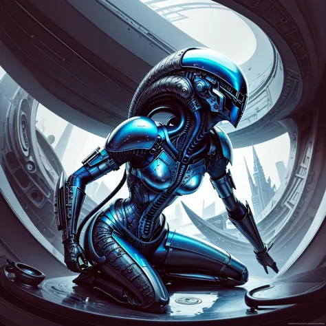 a close up of a person in a futuristic suit kneeling on a platform