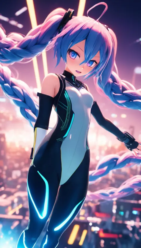 Cinematic scene, hero view, closeup portrait of a female vocaloid, multicolored mixed colored hair, braids, wearing a tight full bodysuit, flying though a paradox, action pose, extremely beautiful piercing eyes, detailed background, masterpiece, best quality, high quality, highres, absurdres, very detailed, high resolution, sharp, sharp image, 8k, vivid 