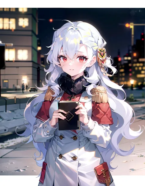 anime girl with long white hair and a red jacket holding a book