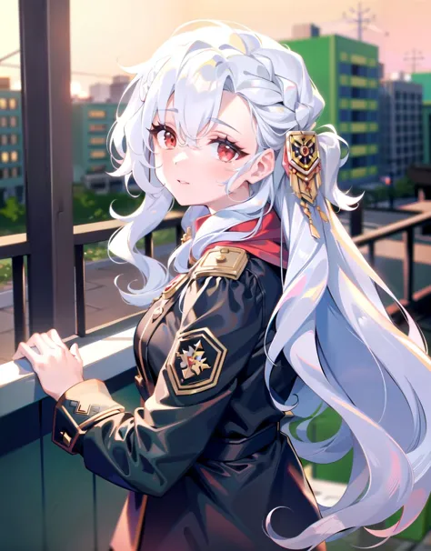 anime girl with long white hair and a black jacket