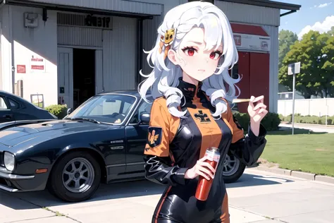 anime character dressed in black and orange outfit holding a bottle