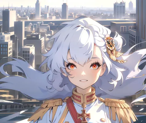 anime girl with white hair and a gold crown standing in front of a city