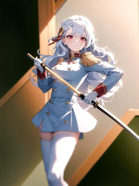 a close up of a person holding a sword and a pole