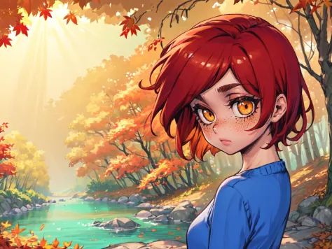 masterpiece, best quality, <lora:PhantomIxRow-000024:1>, 1girl, solo, orange eyes, red hair, short hair, blush, freckles, looking at viewer, blue sweater, autumn forest, autumn leaves, river, nature, scenery, sunlight